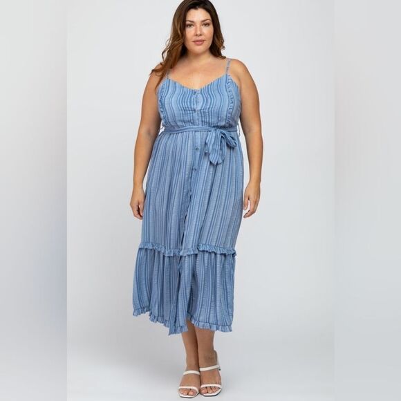 Pinkblush David & Dani Blue Striped Button Front Plus Maternity Midi Dress 2X - Picture 4 of 10